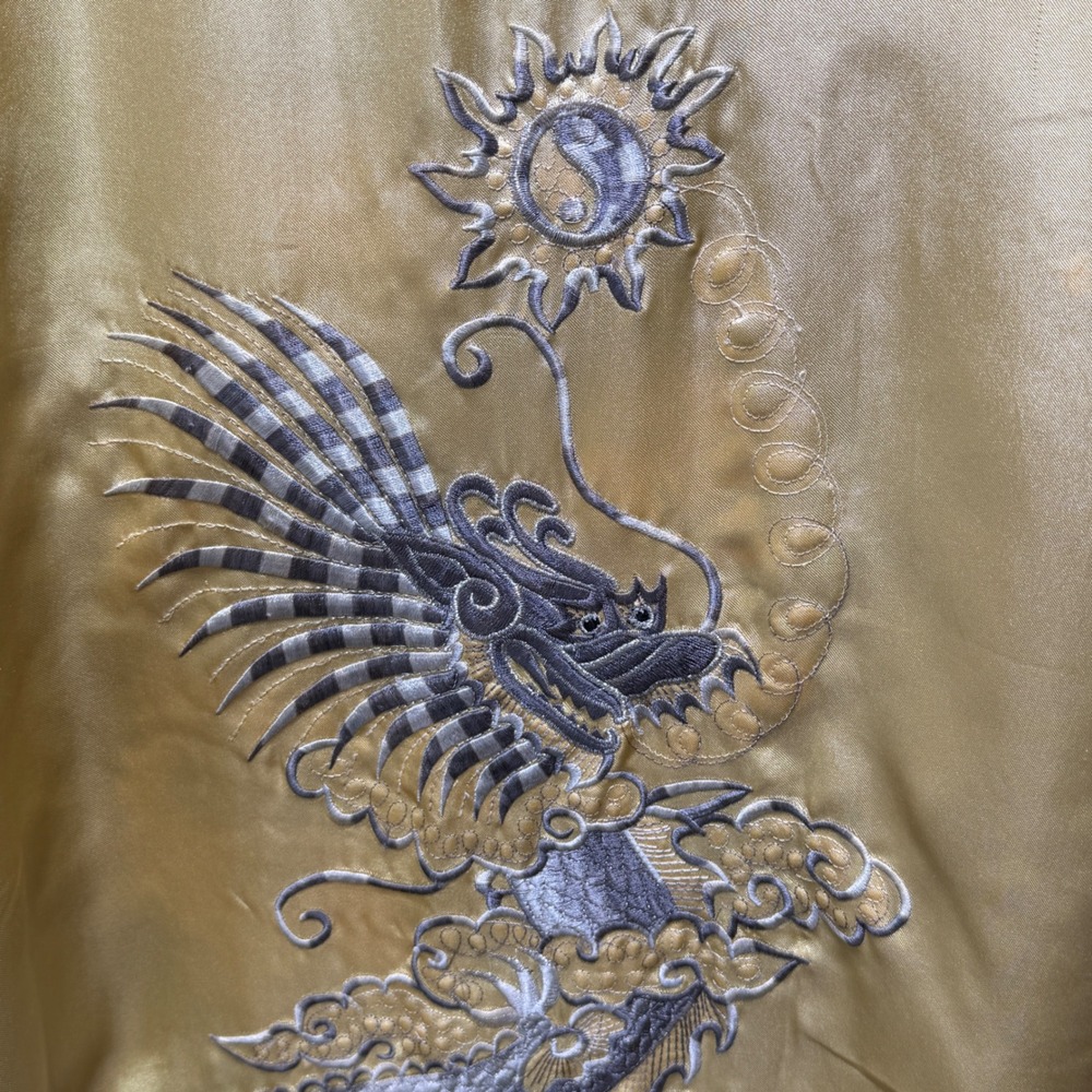 Navy Blue Gold Dragon Embroidered Satin Kimono Robe Asian Motif Reversible - Picture 11 of 15
